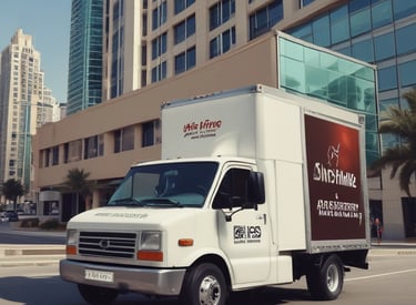 A moving truck driving through Al Wasl streets under clear skies.
