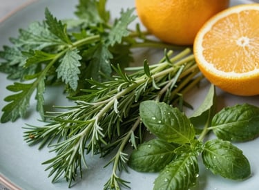 Close-up photography of fresh North American / US garden herbs and citrus on a Pale Blue ceramic plate, soft daylight.