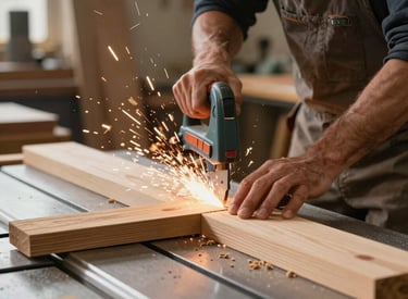 A skilled craftsman carefully assembling a wooden chair in a bright, modern workshop filled with natural light.