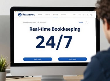 Bookkeeper reviewing payroll and financial reports on dual monitors.