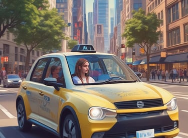 A sleek autonomous robotaxi gliding through neon-lit city streets at night.