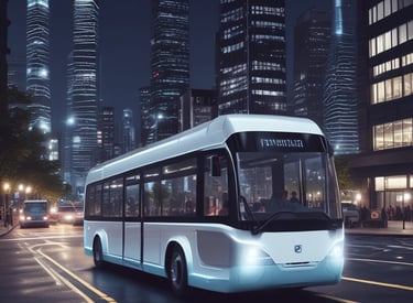 A modern autonomous shuttle navigating through a bustling futuristic downtown.