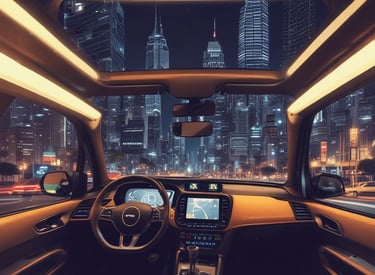 A glowing neon-blue autonomous taxi cruising through a futuristic city at night.