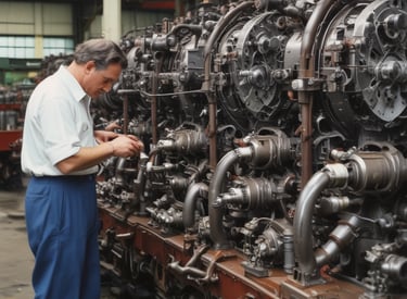 Team collaborating on site with energy equipment and blueprints.