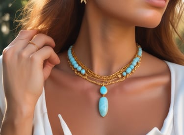Mujer que lleva un collar de oro y turquesa en capas con un colgante de piedra preciosa a juego.