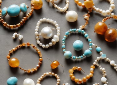 Joyería artesanal hecha a mano con collares y aretes de cuentas de turquesa, ámbar y perla.