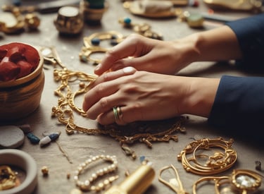 Manos de joyero ordenando collares de oro hechos a mano y joyas vintage en una mesa de taller.