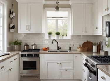 A warm, inviting kitchen featuring a gleaming quartz countertop with soft natural light highlighting its colors.