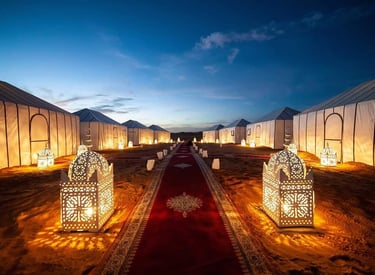 Céu incrivelmente estrelado sobre as dunas, camelos ao fundo, criando cenário perfeito para fotograf