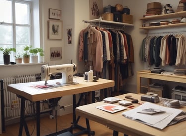 Modern warehouse interior with racks of luxury branded clothing neatly organized.