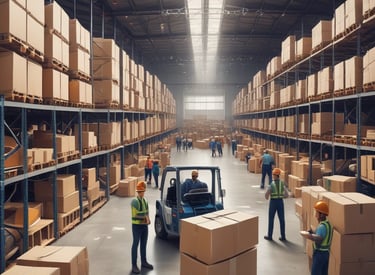Modern warehouse interior with racks of luxury branded clothing neatly organized.