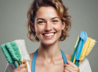 Smiling professional female cleaner holding colorful duster and scrub brush cleaning supplies.