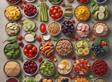 A vibrant bowl of colorful fresh vegetables and fruits arranged on a rustic wooden table.