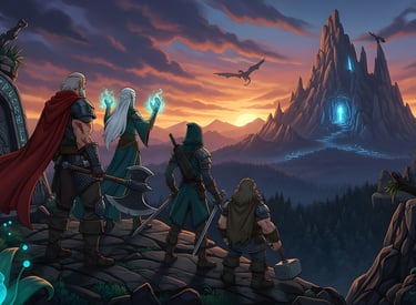 Fantasy adventurers overlooking a glowing mountain — Games series, cinematic soundscapes for RPG and