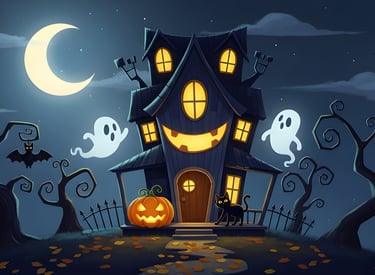 riendly haunted house at night — Kids series with calm Halloween lullabies.