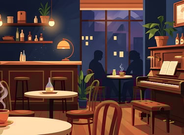 Cozy jazz café interior with piano — Places series, ambient backgrounds for relaxation.