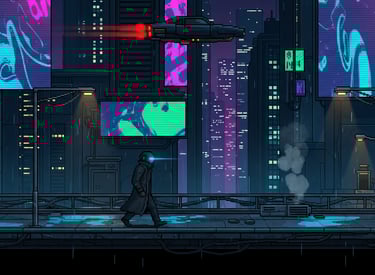 Pixel art city with neon lights — 8-Bit series, retro chiptune music for gaming and coding.