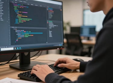 A focused team of developers collaborating over code in a modern office.