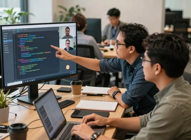 Engineers conducting detailed software testing in a bright workspace.