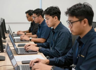Modern office workspace with a diverse team collaborating on technology development.