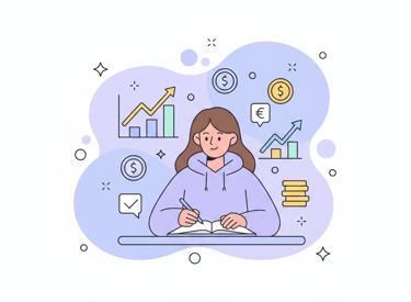 Flat vector illustration of a student studying economics with charts, graphs, coins, and growth arro