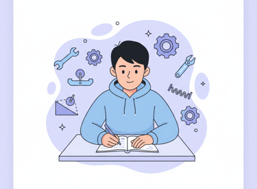 “Flat vector illustration of a student working on mechanical engineering notes with gears, tools, an