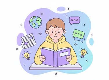 “Flat vector illustration of a student reading about current affairs and general awareness with glob