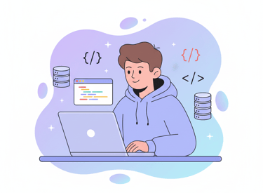 Flat vector illustration of a student studying computer science with a laptop open, simple code snip