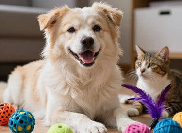 Brightly colored chew toys and balls scattered on a soft pet bed.