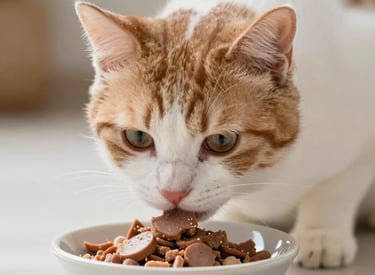 A curious tabby cat sniffing a bowl filled with premium cat food.