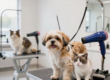 A grooming brush and shampoo bottle next to a freshly groomed small dog.