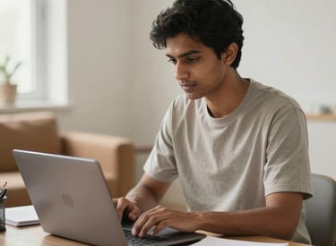 A focused South Asian student studying on a laptop in a bright, modern room. Soft natural lighting illuminates the space, which features minimalist furniture in tan and off-white tones.