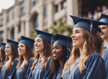 A group of people in graduation gowns standing in front of a crowd