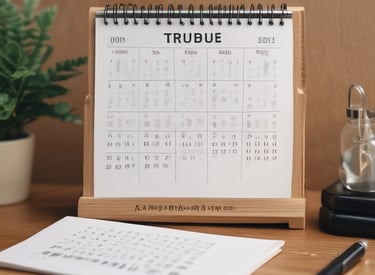 a desk calendar sitting on top of a wooden table