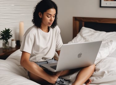 a person sitting on a bed with a laptop