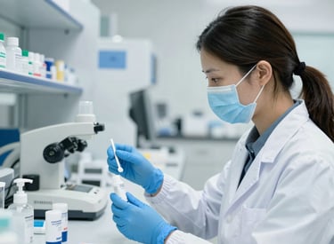 Quality control specialist examining dental instruments.