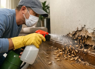 Professional pest control technician applying targeted termite spray to a wall.