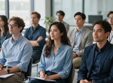 A professional photography of a group session in a modern, sunlit North American office, diverse adults engaged in leadership training, focused and optimistic expressions, slate blue and midnight blue color palette, professional depth of field.