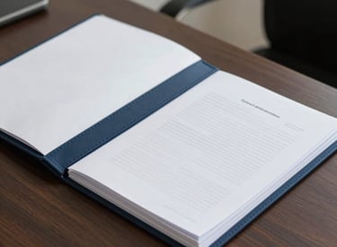 A high-quality photographic shot of a legal folder and a stack of documents on a dark wooden desk in a modern South Asian legal office, white and dark blue accents.