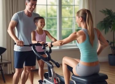A happy family using a treadmill in their bright, cozy living room.