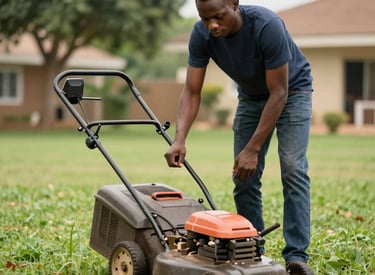 Neighbors sharing smiles while a professional trims a neatly edged lawn.