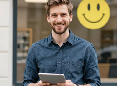 A confident business owner reviewing loan documents in a bright office