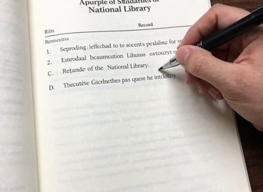 Close-up of a person editing a manuscript with a red pen on a wooden desk.