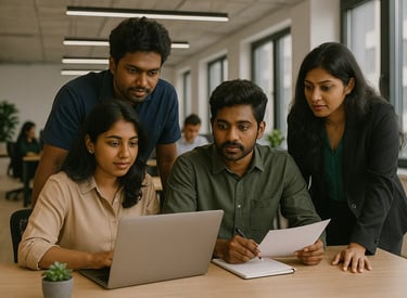Team of young Indian professionals collaborating around a laptop in a modern office
