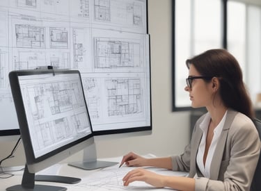 Engineers reviewing blueprints in a modern office setting.