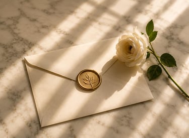 Sealed envelope with gold wax stamp and white rose bespoke experience design couples Dubai