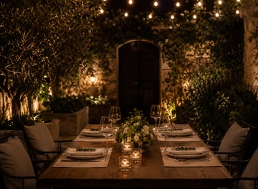 Candlelit outdoor garden dinner table set for multiple guests luxury double date experience