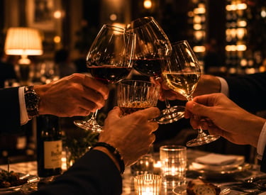 Four wine glasses toasting at candlelit dinner luxury friend event experience Milestone Creator