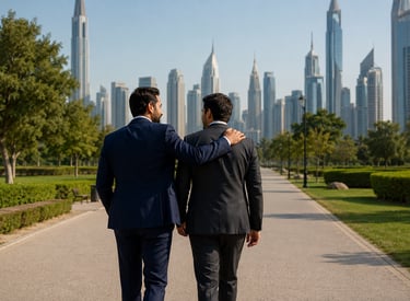 Two men walking together with Dubai skyline corporate client experience Milestone Creator