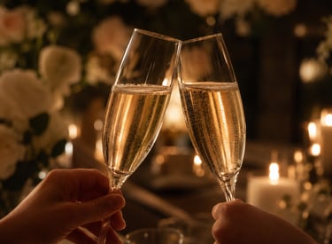 Two champagne glasses toasting at candlelit dinner luxury anniversary experience couples Dubai